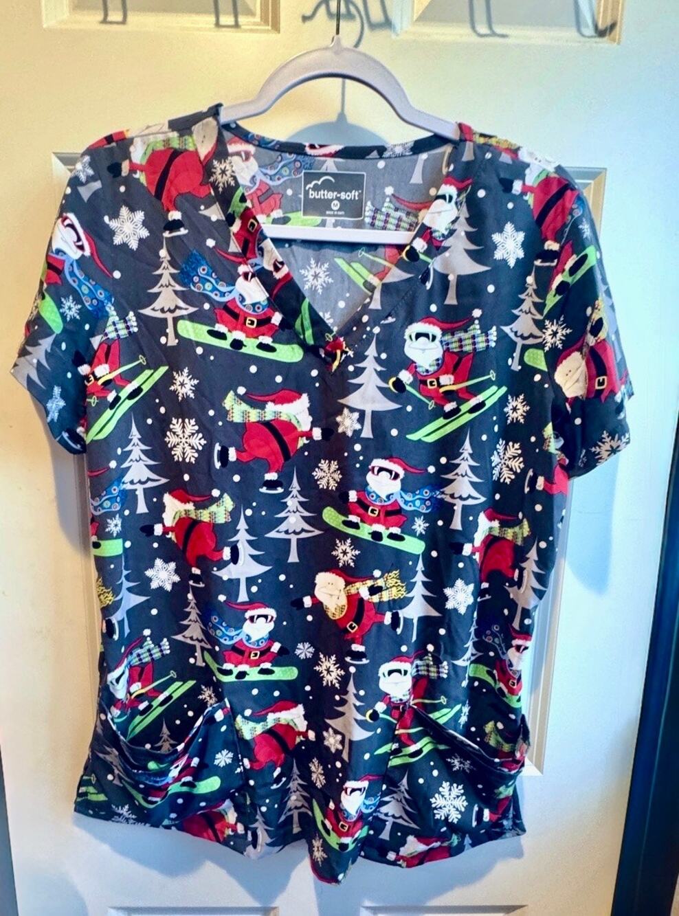 Butter-Soft Christmas Santa Skiing & Snowboarding Holiday V-Neck Scrub Top